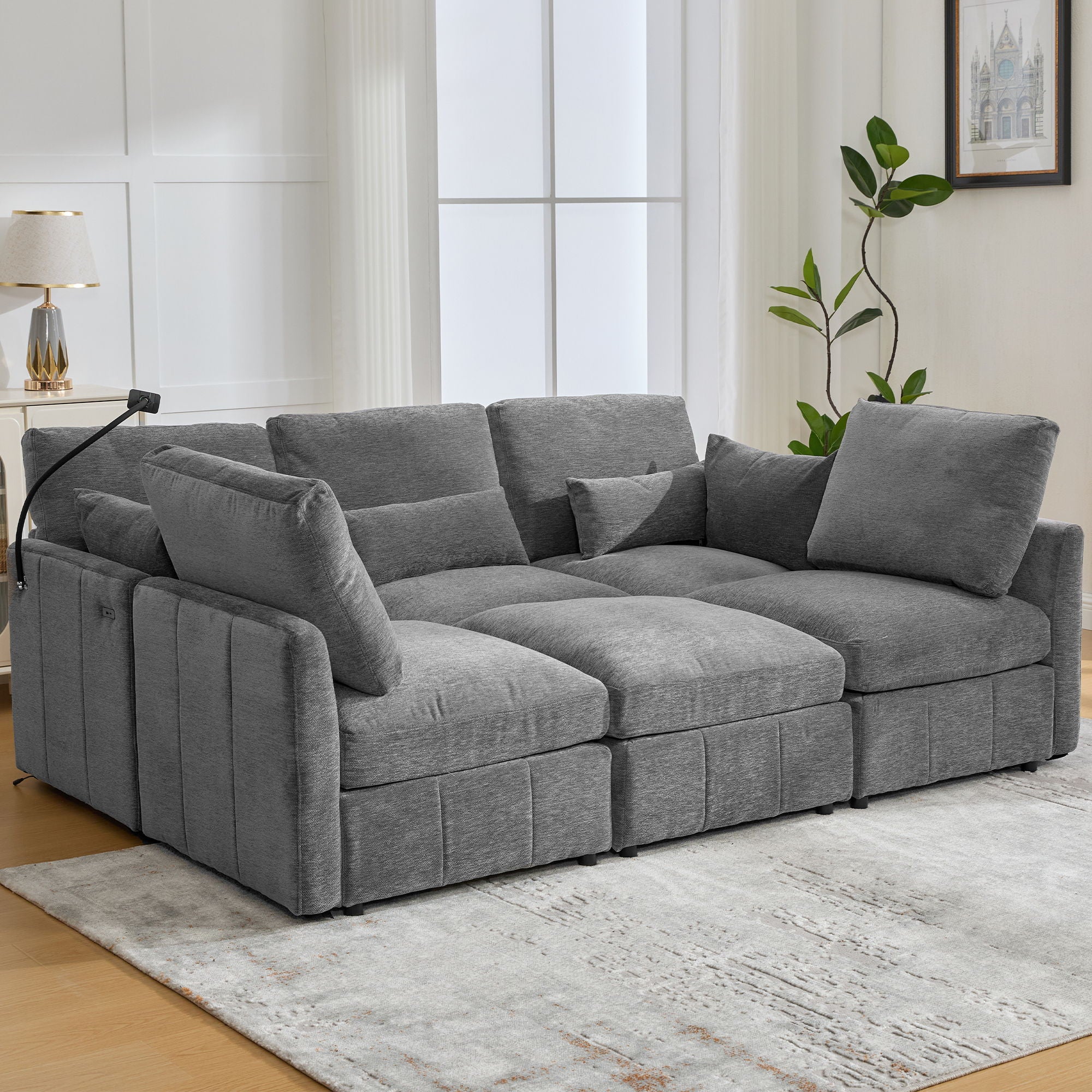 Modern Modular U-Shaped Sofa Bed With Movable Ottoman, USB Ports, Phone Holder