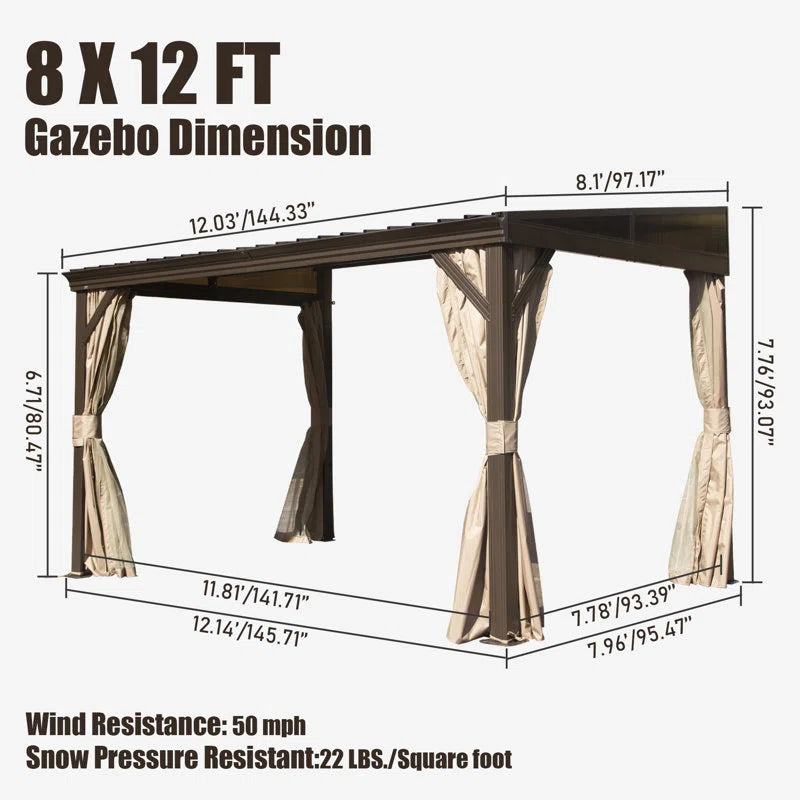 12 Ft. W X 8 Ft. D Aluminum Patio Gazebo Lean to Wall Mounted Pergola with Sloping Galvanized Steel Roof