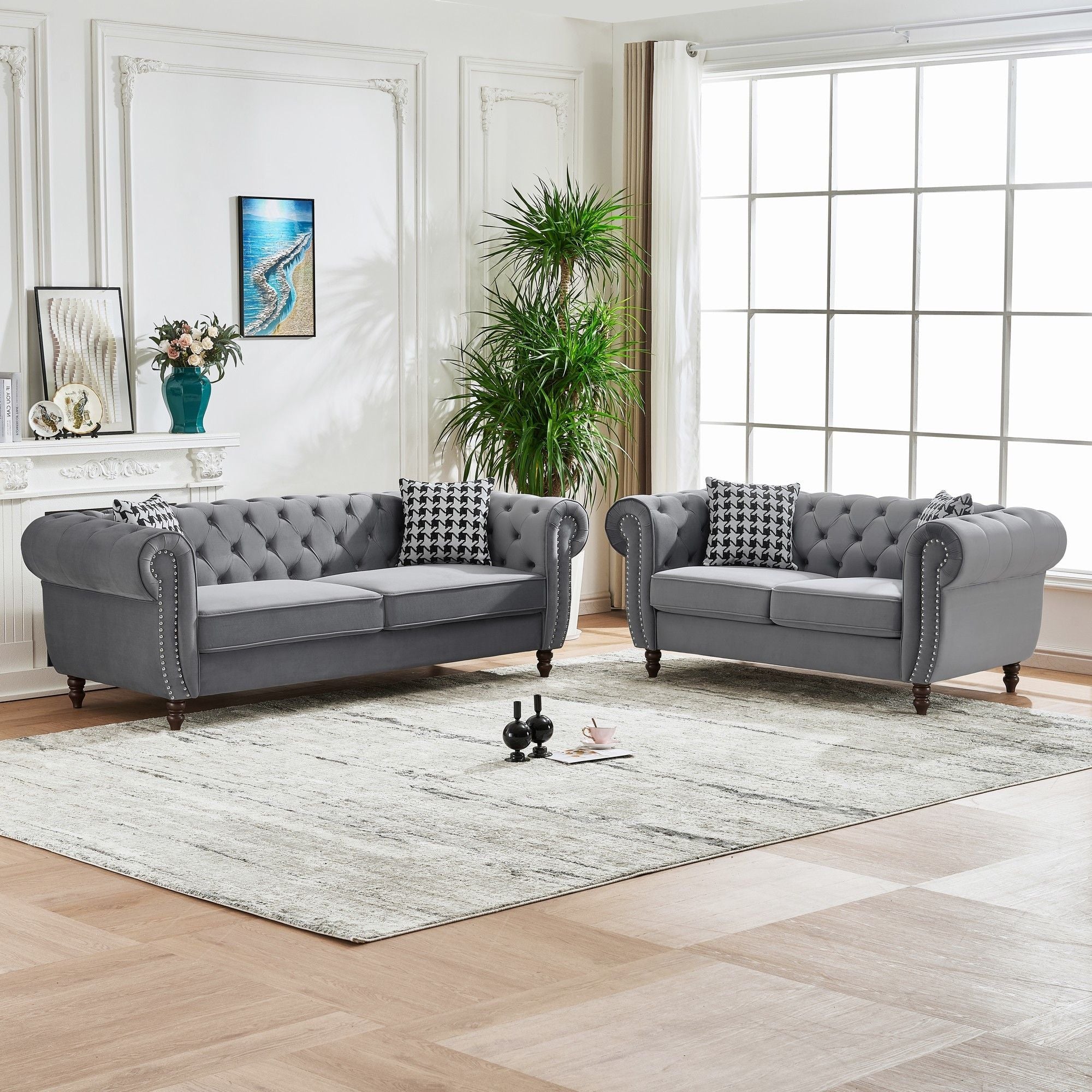 Chesterfield 3 And 2 Seater Upholstery Sofa With Roll Armrest & Nailhead Fabric Couch
