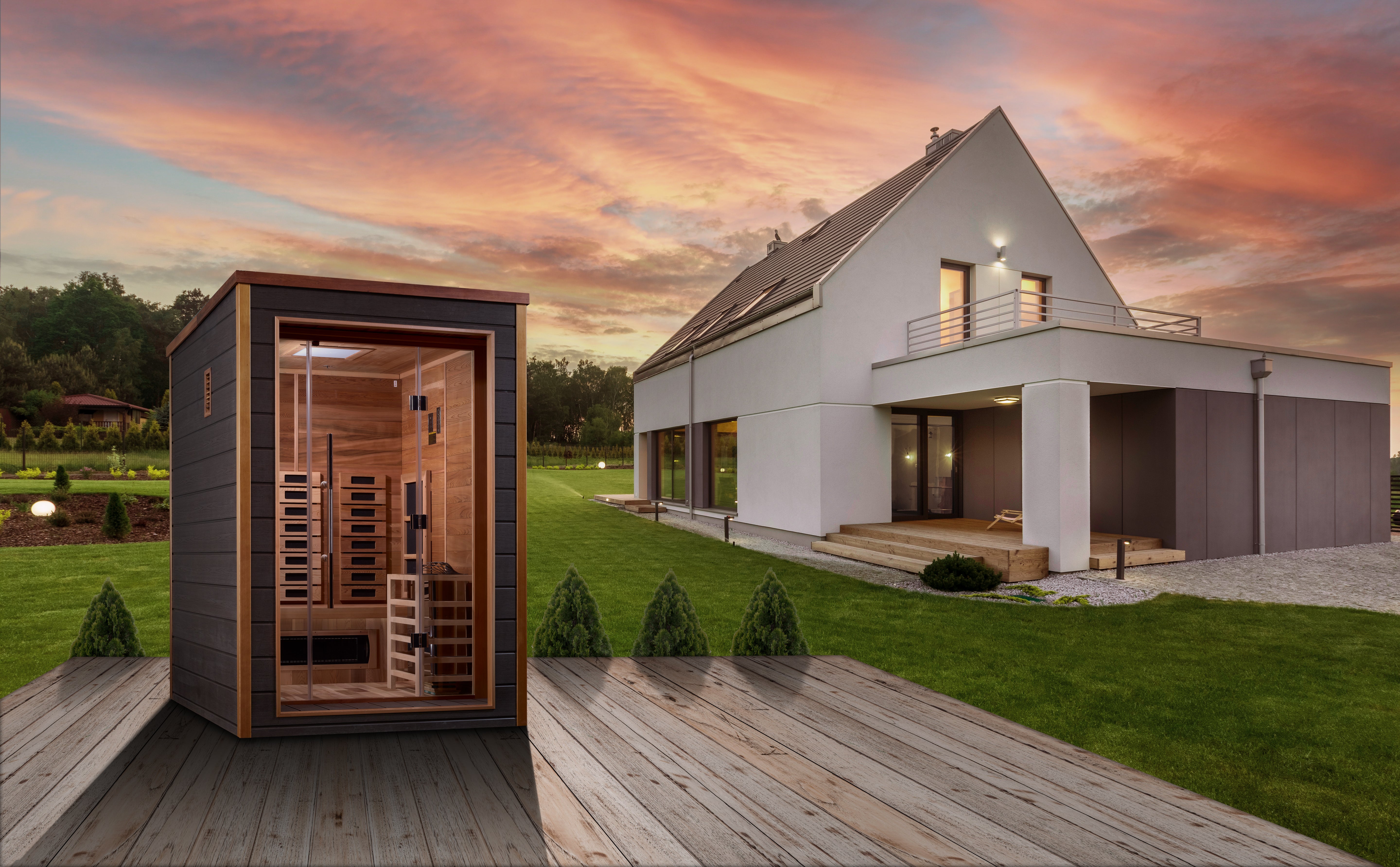 Golden Designs Nora 2 Person Hybrid (PureTech™ Full Spectrum IR or Traditional Stove) Outdoor Sauna (GDI-8222-01) - Canadian Red Cedar Interior