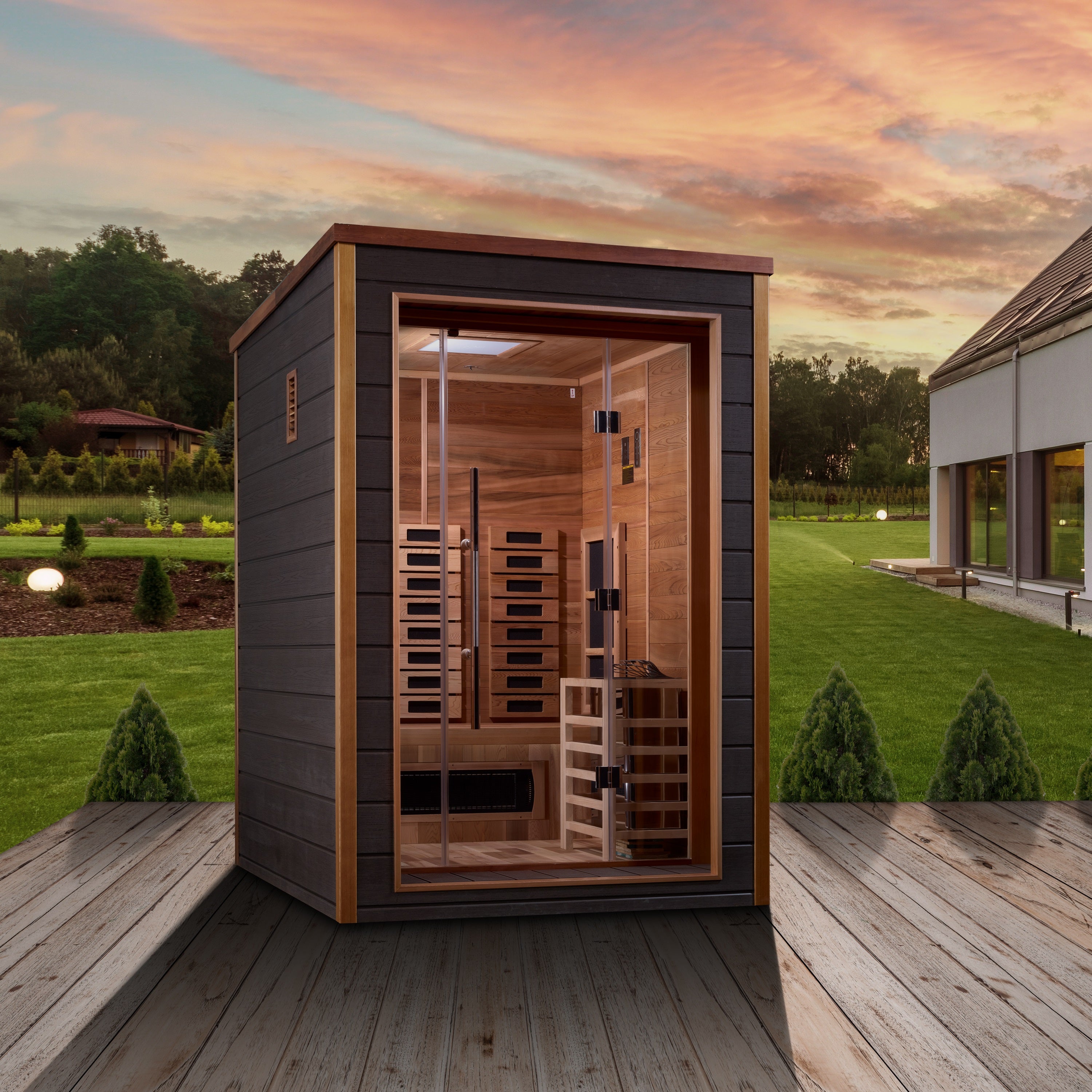 Golden Designs Nora 2 Person Hybrid (PureTech™ Full Spectrum IR or Traditional Stove) Outdoor Sauna (GDI-8222-01) - Canadian Red Cedar Interior