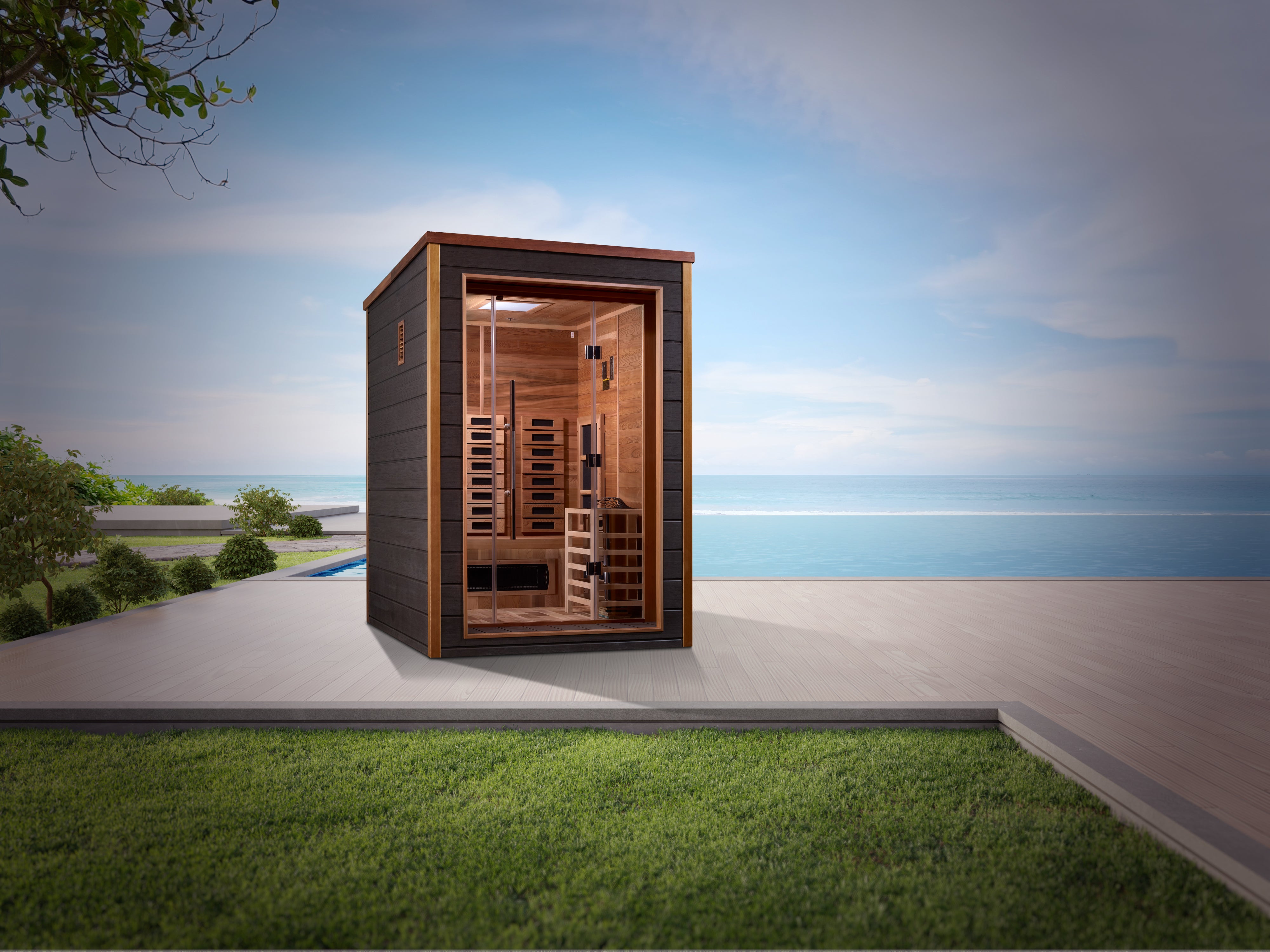 Golden Designs Nora 2 Person Hybrid (PureTech™ Full Spectrum IR or Traditional Stove) Outdoor Sauna (GDI-8222-01) - Canadian Red Cedar Interior