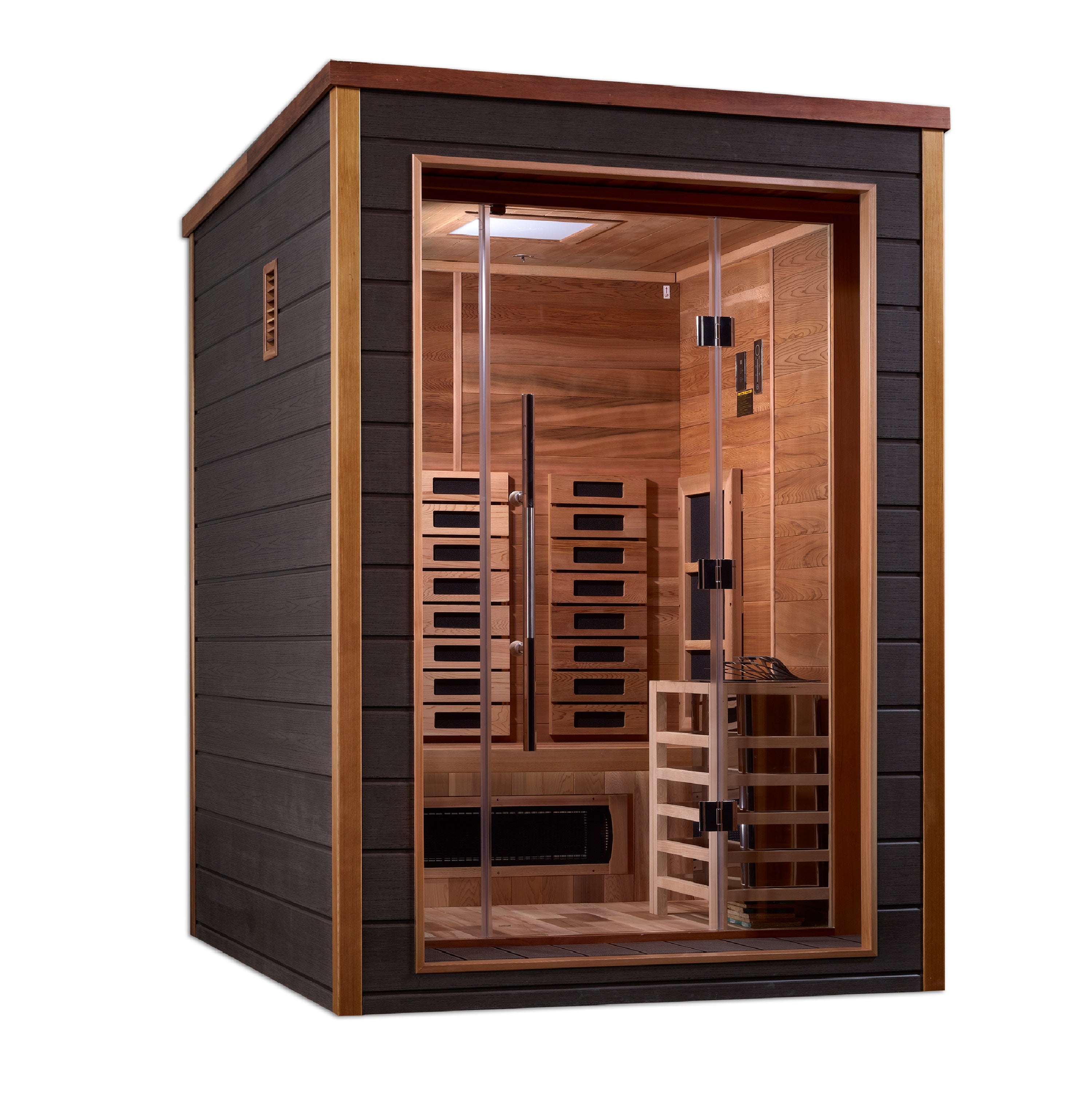 Golden Designs Nora 2 Person Hybrid (PureTech™ Full Spectrum IR or Traditional Stove) Outdoor Sauna (GDI-8222-01) - Canadian Red Cedar Interior