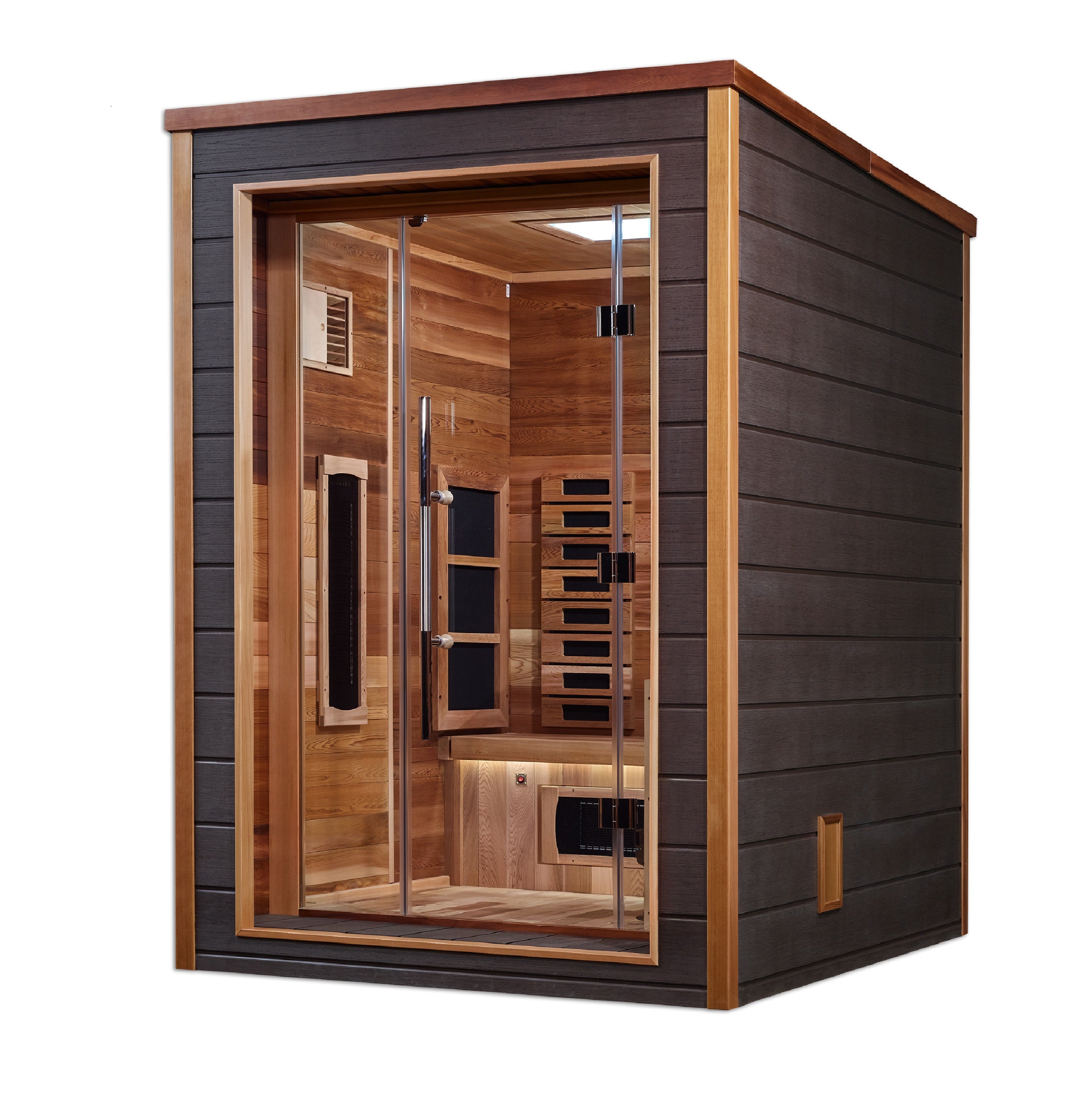 Golden Designs Nora 2 Person Hybrid (PureTech™ Full Spectrum IR or Traditional Stove) Outdoor Sauna (GDI-8222-01) - Canadian Red Cedar Interior