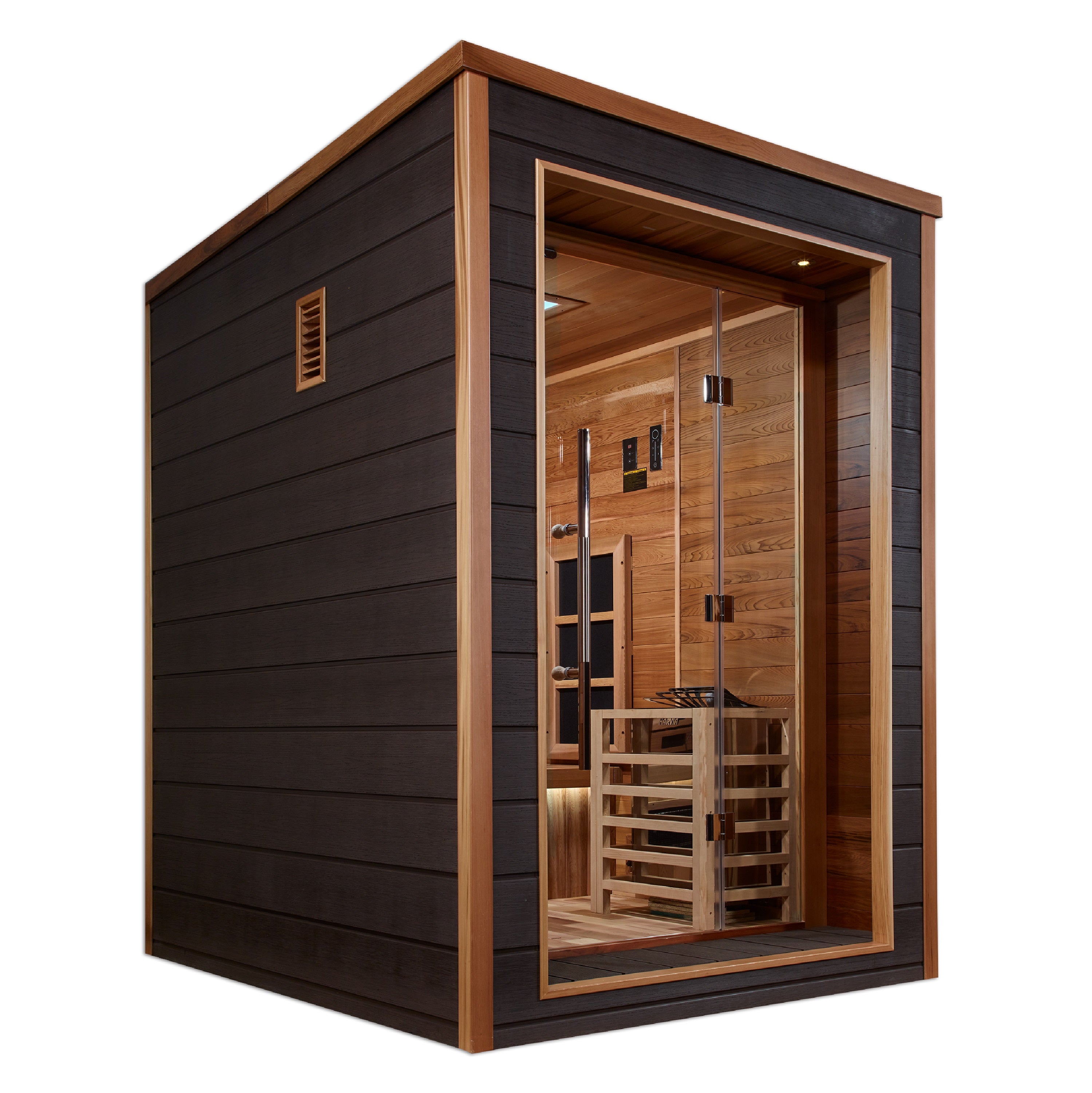 Golden Designs Nora 2 Person Hybrid (PureTech™ Full Spectrum IR or Traditional Stove) Outdoor Sauna (GDI-8222-01) - Canadian Red Cedar Interior
