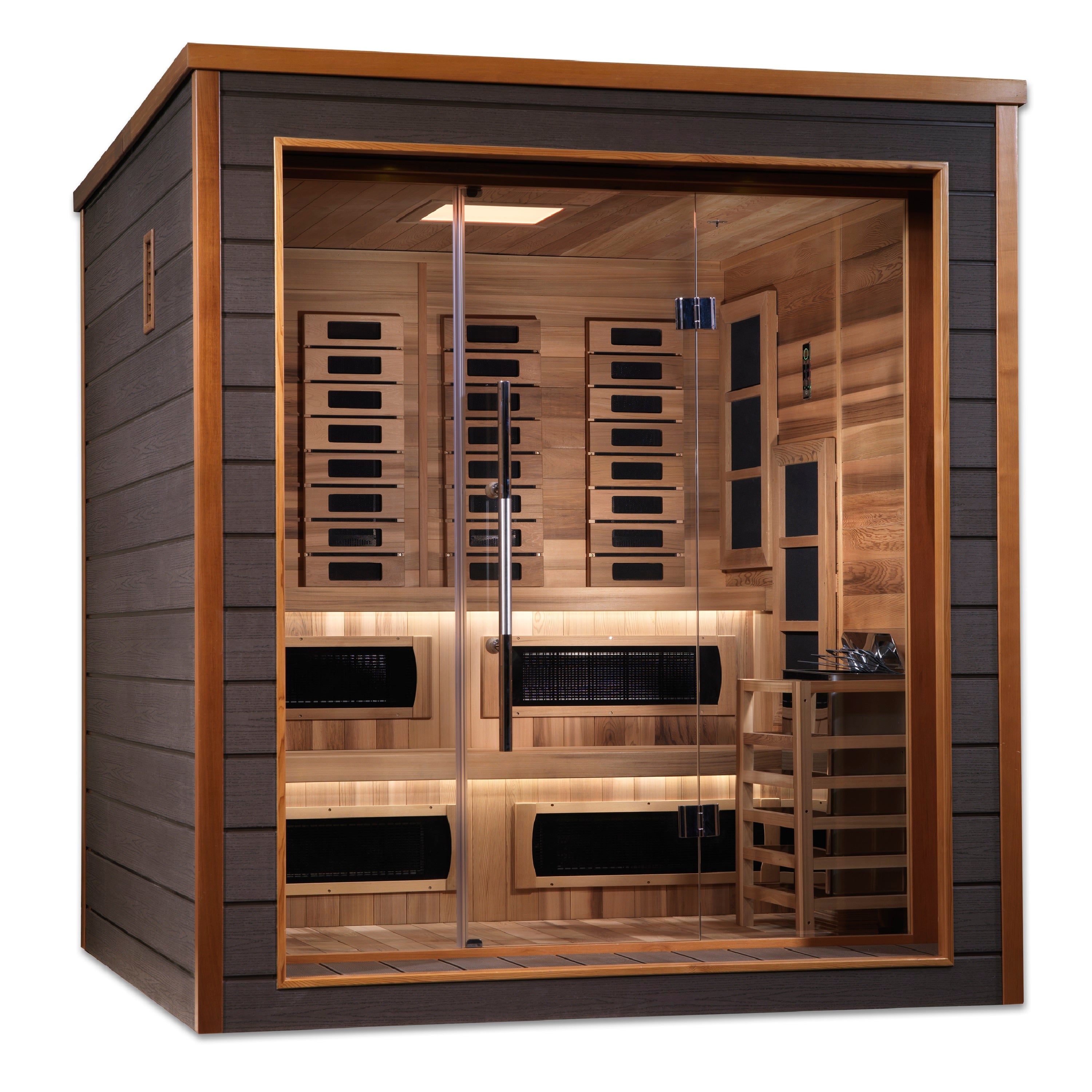 Golden Designs Karlstad 6 Person Hybrid (PureTech™ Full Spectrum IR or Traditional Stove) Outdoor Sauna - Canadian Red Cedar Interior