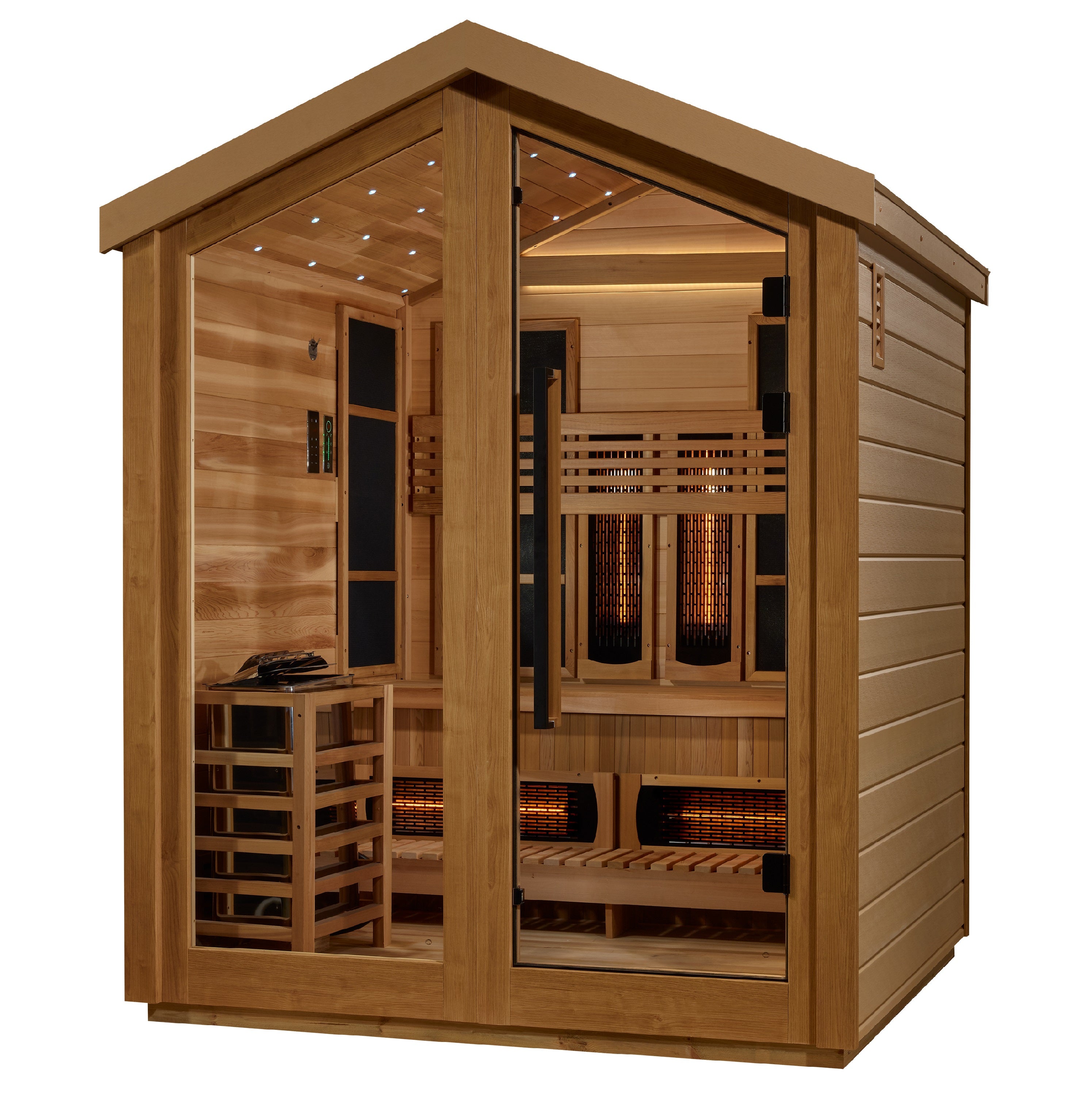 Golden Designs Loviisa 3 Person Hybrid (PureTech™ Full Spectrum IR or Traditional Stove) Outdoor Sauna - Canadian Red Cedar Interior