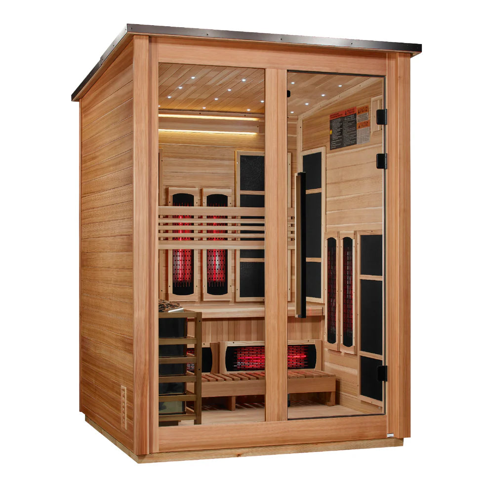 Golden Designs Loviisa 3 Person Hybrid (PureTech™ Full Spectrum IR or Traditional Stove) Outdoor Sauna - Canadian Red Cedar Interior, Pacific Cedar Finish