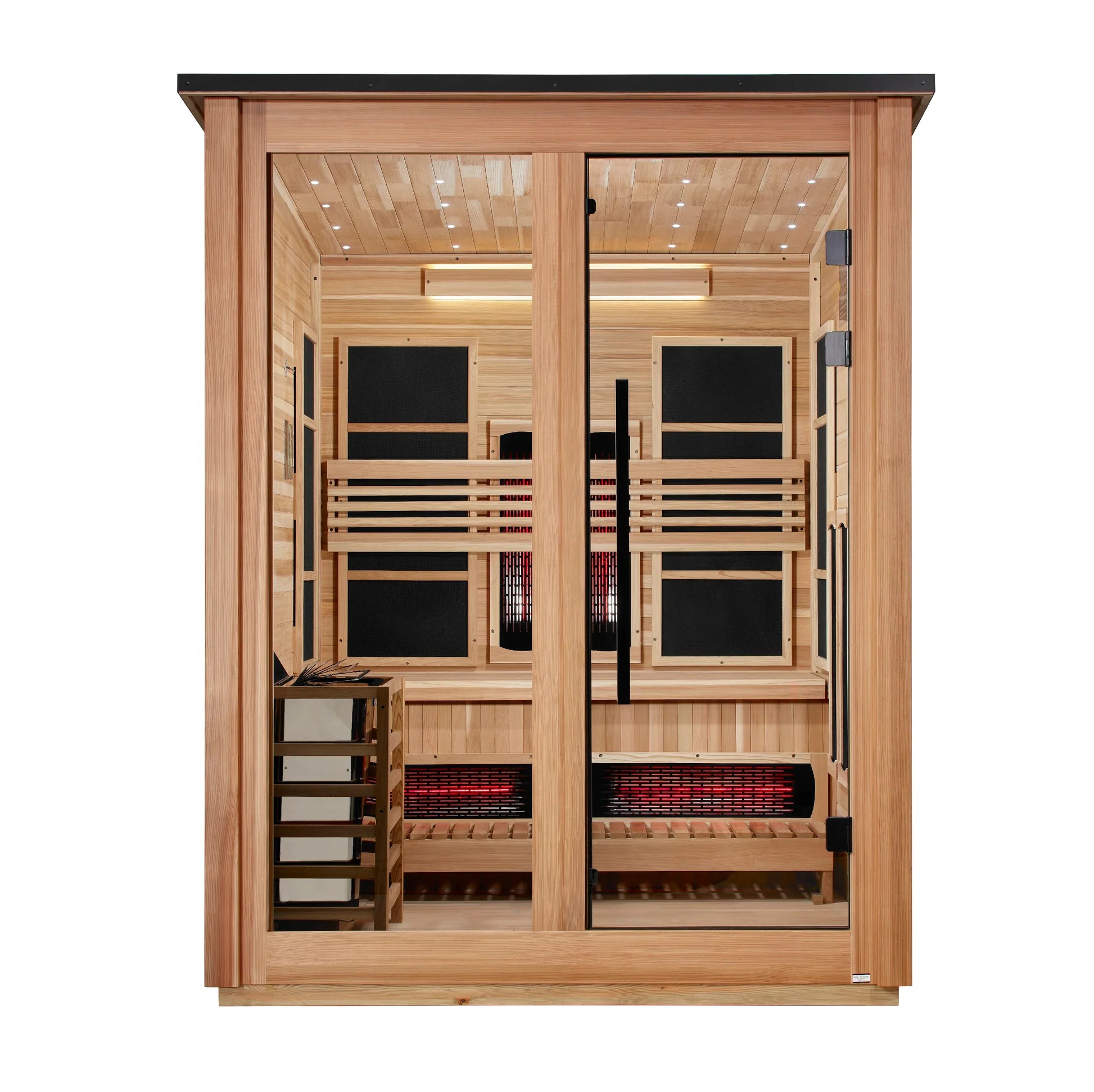 Golden Designs Loviisa 3 Person Hybrid (PureTech™ Full Spectrum IR or Traditional Stove) Outdoor Sauna - Canadian Red Cedar Interior, Pacific Cedar Finish