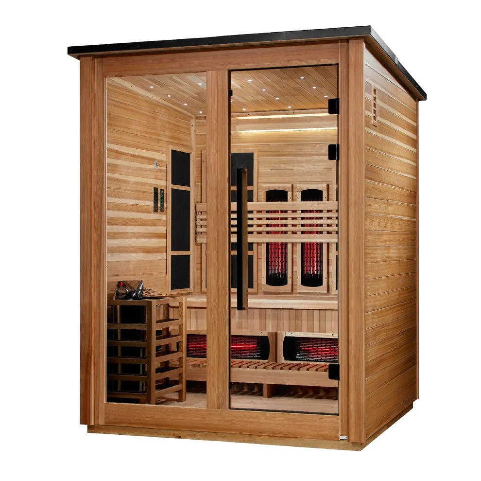 Golden Designs Loviisa 3 Person Hybrid (PureTech™ Full Spectrum IR or Traditional Stove) Outdoor Sauna - Canadian Red Cedar Interior, Pacific Cedar Finish