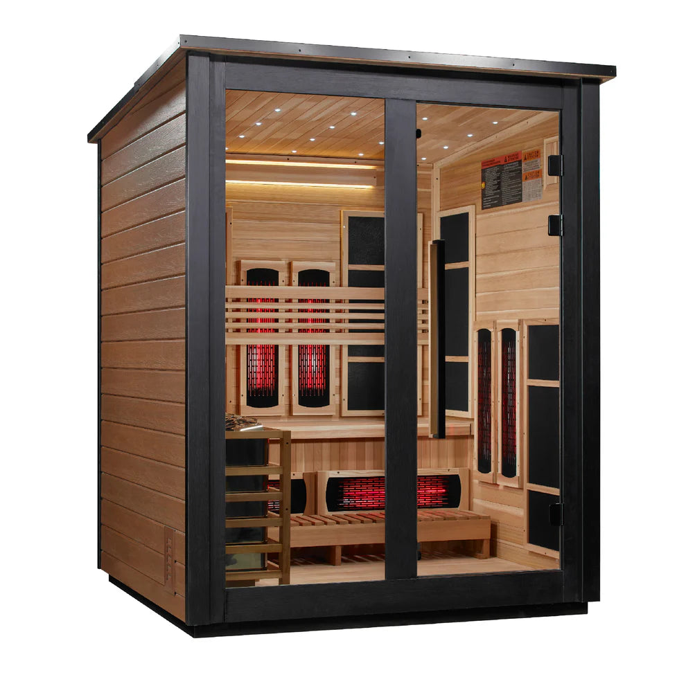 Golden Designs Loviisa 3 Person Hybrid (PureTech™ Full Spectrum IR or Traditional Stove) Outdoor Sauna - Canadian Red Cedar Interior, 2 Tone Finish