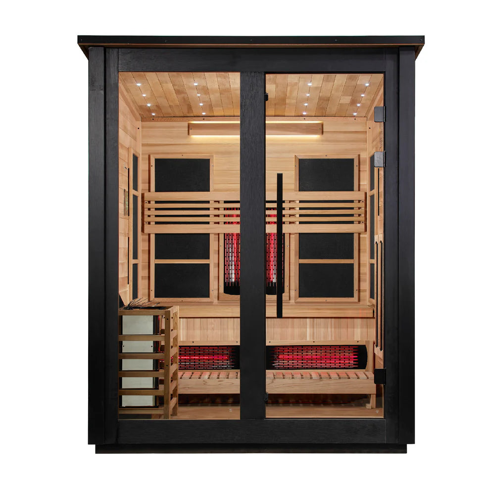 Golden Designs Loviisa 3 Person Hybrid (PureTech™ Full Spectrum IR or Traditional Stove) Outdoor Sauna - Canadian Red Cedar Interior, 2 Tone Finish