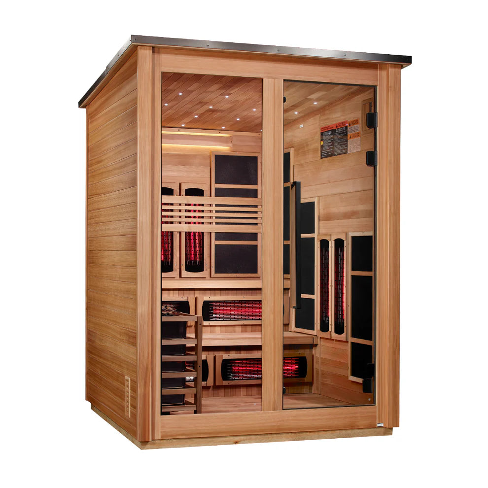 Golden Designs Kaskinen 6 Person Hybrid (PureTech™ Full Spectrum IR or Traditional Stove) Outdoor Sauna - Canadian Red Cedar Interior, Pacific Cedar Finish