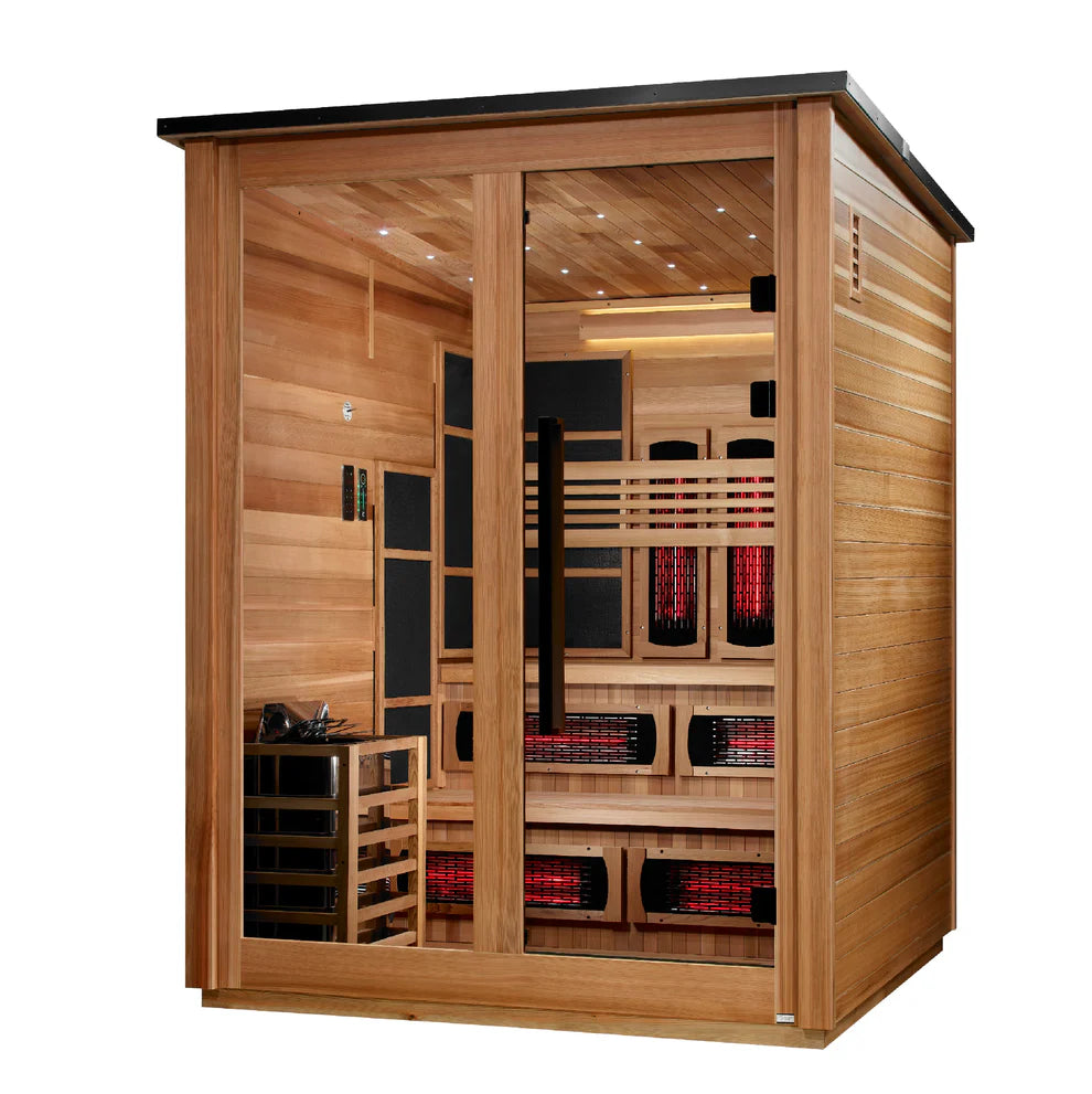 Golden Designs Kaskinen 6 Person Hybrid (PureTech™ Full Spectrum IR or Traditional Stove) Outdoor Sauna - Canadian Red Cedar Interior, Pacific Cedar Finish
