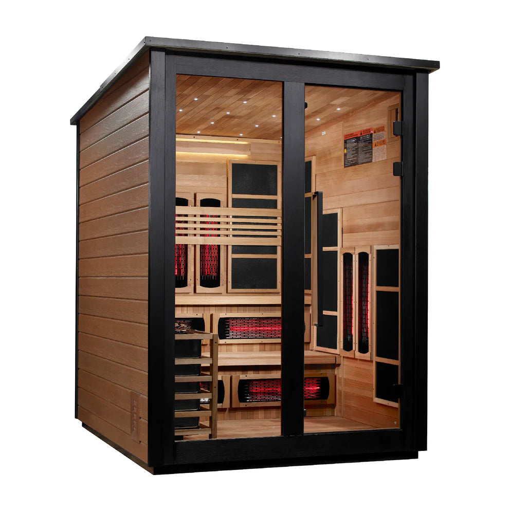 Golden Designs Kaskinen 6 Person Hybrid (PureTech™ Full Spectrum IR or Traditional Stove) Outdoor Sauna - Canadian Red Cedar Interior, 2 Tone Finish