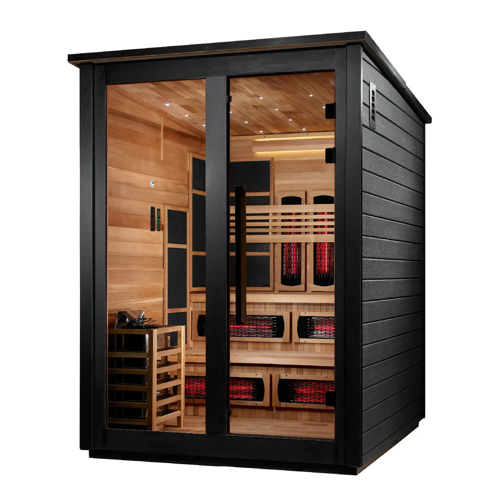 Golden Designs Kaskinen 6 Person Hybrid (PureTech™ Full Spectrum IR or Traditional Stove) Outdoor Sauna - Canadian Red Cedar Interior, Black Finish