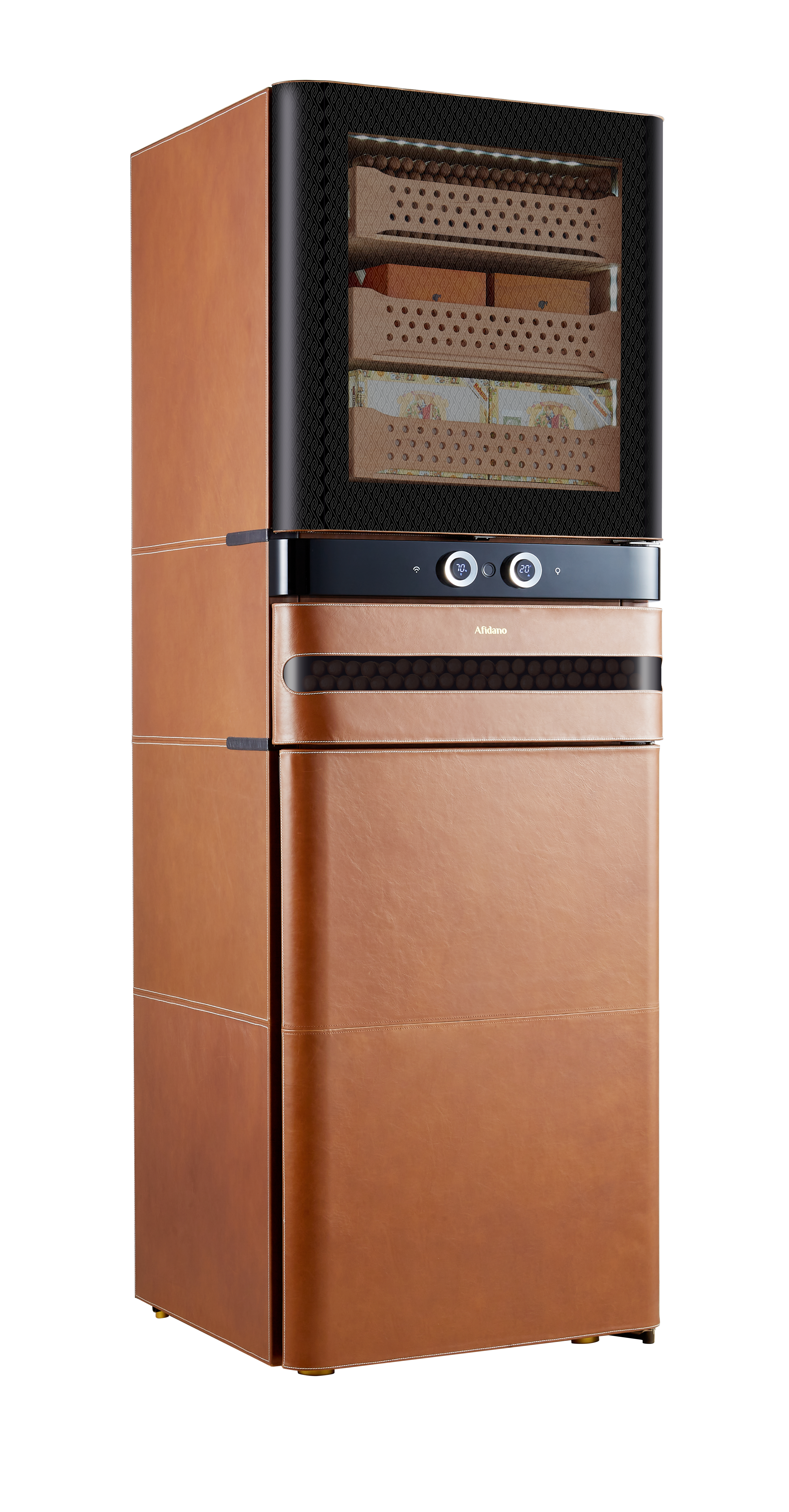 Afidano 2200 Ct Cigar Humidor, Temperature and Humidity Control with Classic Leather and Spanish Cedar Drawers