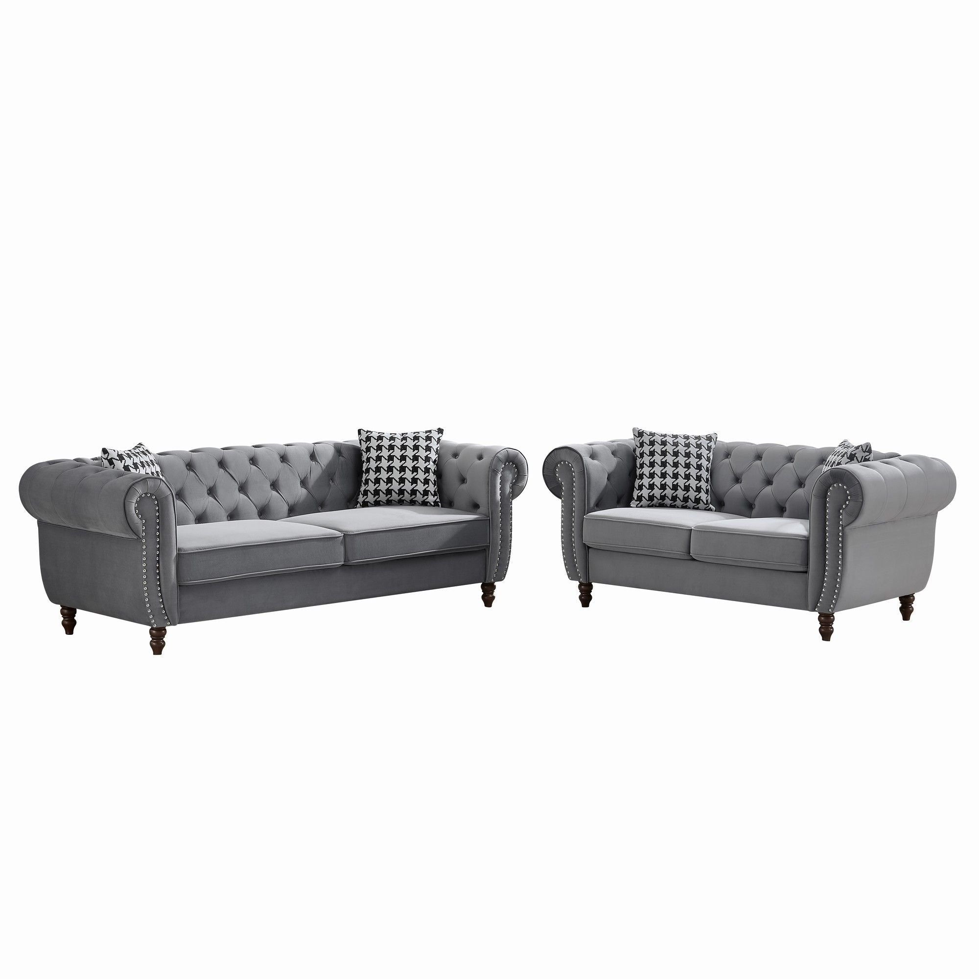 Chesterfield 3 And 2 Seater Upholstery Sofa With Roll Armrest & Nailhead Fabric Couch