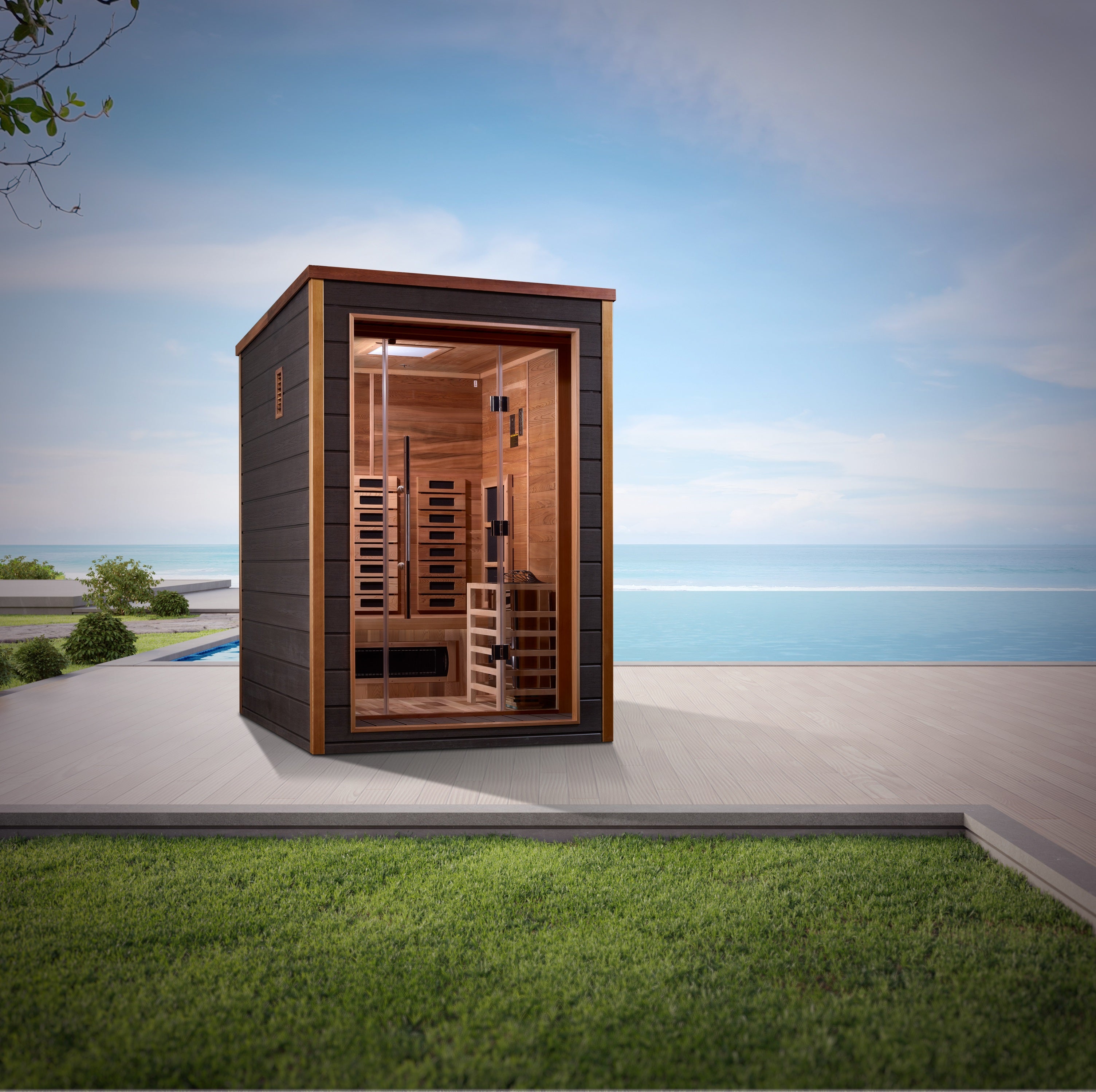 Golden Designs Nora 2 Person Hybrid (PureTech™ Full Spectrum IR or Traditional Stove) Outdoor Sauna  (GDI-8222-01) - Canadian Red Cedar Interior