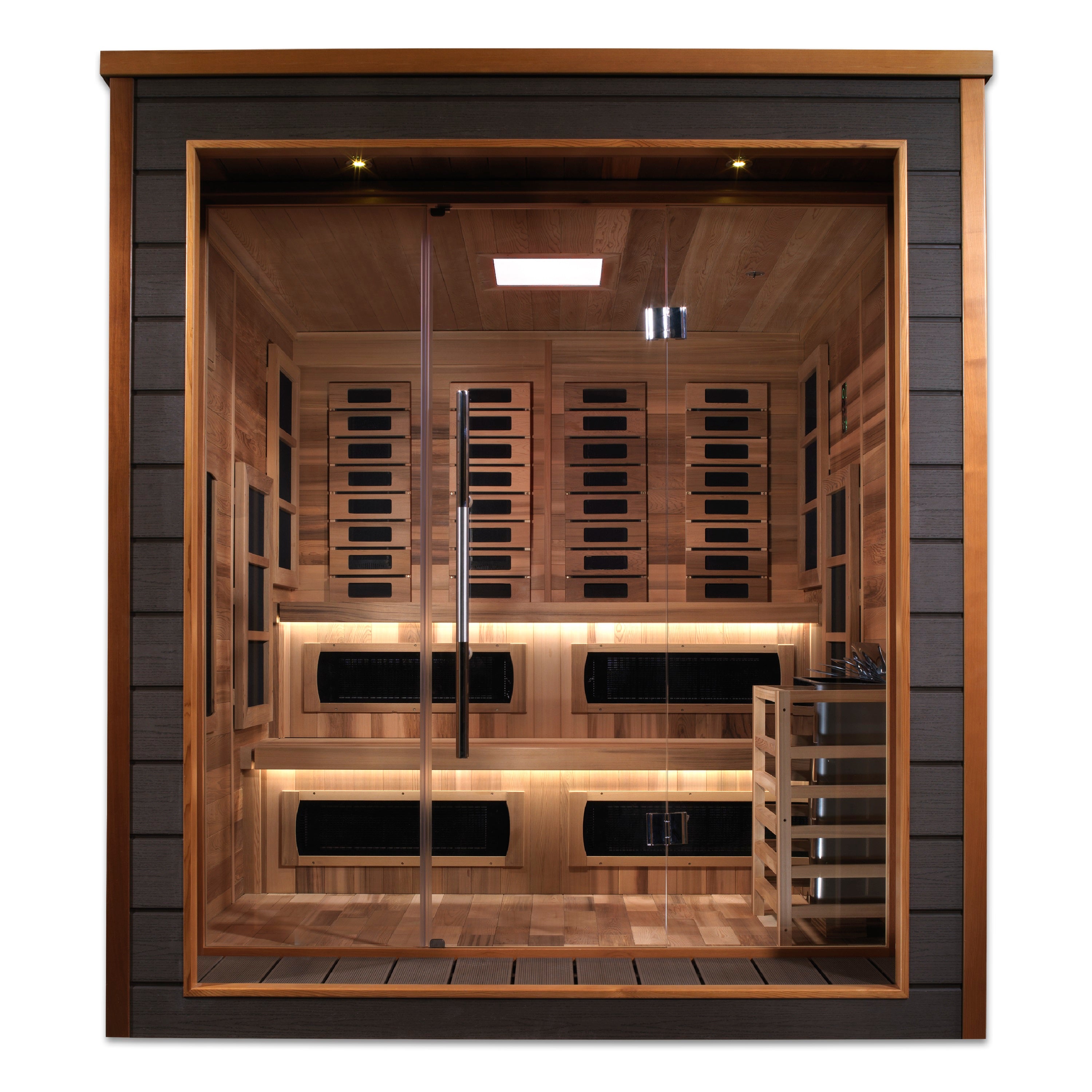 Golden Designs Karlstad 6 Person Hybrid (PureTech™ Full Spectrum IR or Traditional Stove) Outdoor Sauna - Canadian Red Cedar Interior