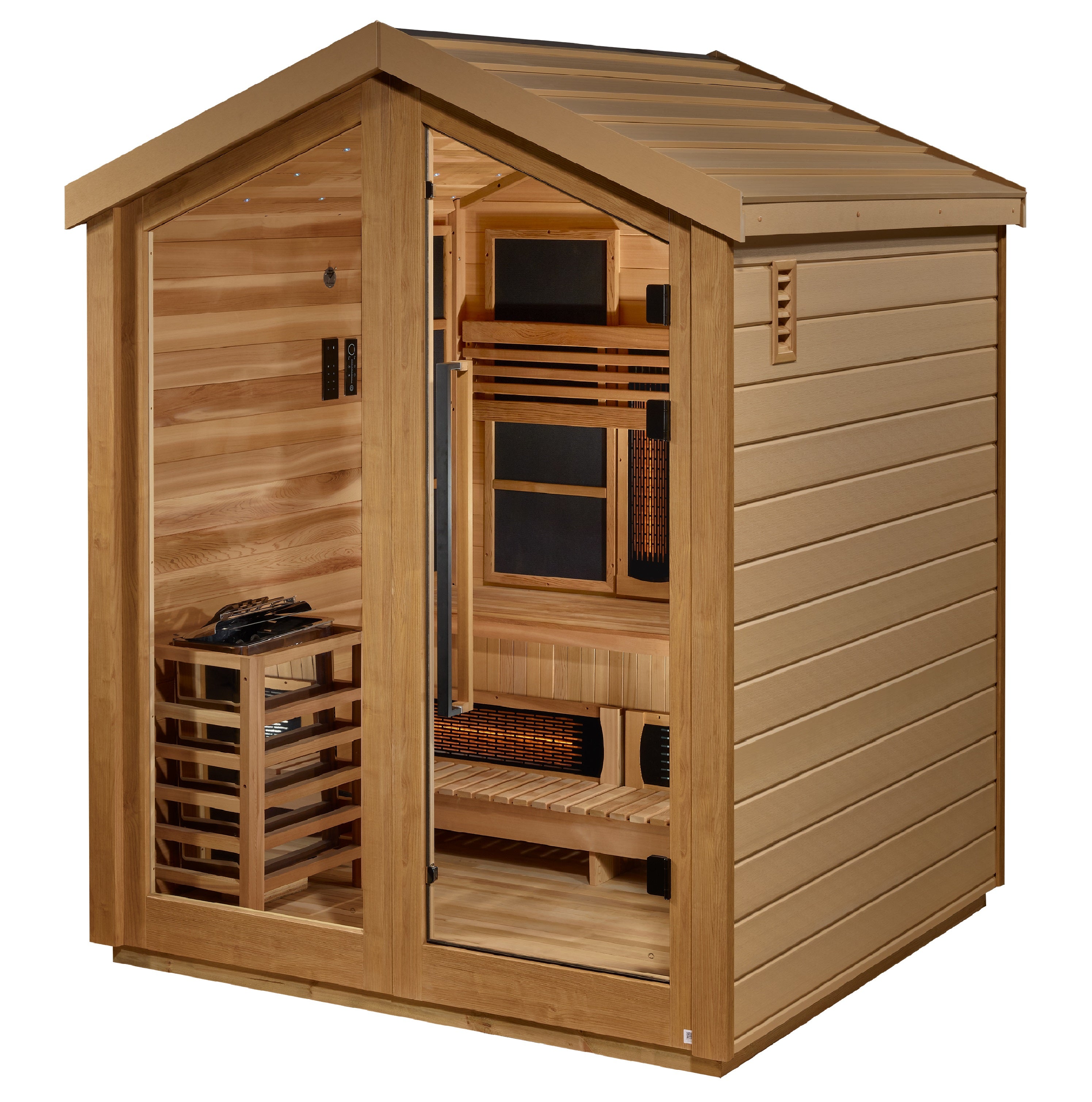 Golden Designs Loviisa 3 Person Hybrid (PureTech™ Full Spectrum IR or Traditional Stove) Outdoor Sauna - Canadian Red Cedar Interior