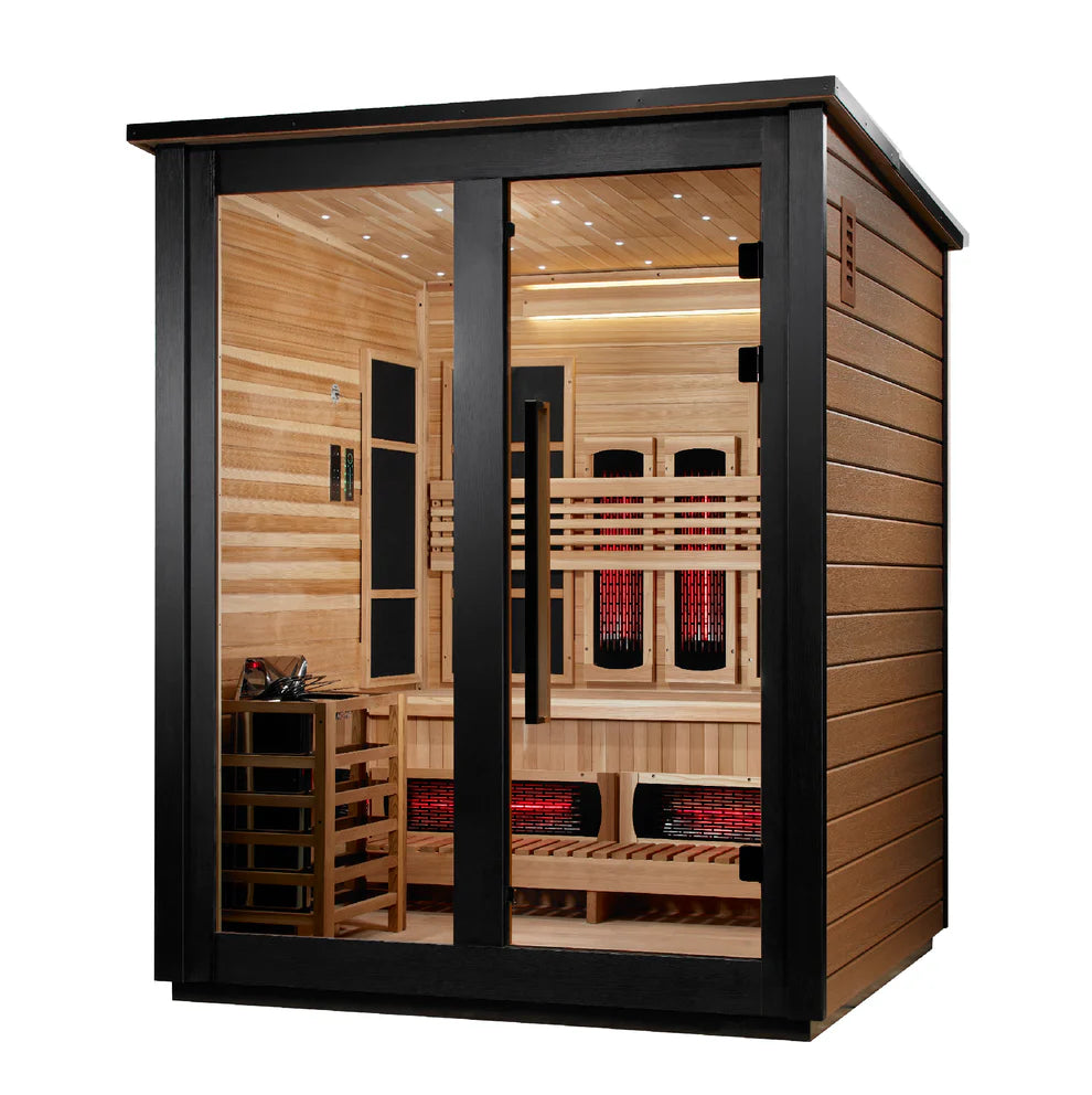 Golden Designs Loviisa 3 Person Hybrid (PureTech™ Full Spectrum IR or Traditional Stove) Outdoor Sauna - Canadian Red Cedar Interior, 2 Tone Finish