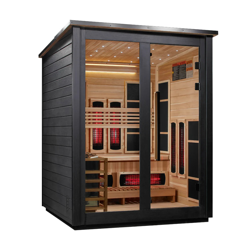 Golden Designs Loviisa 3 Person Hybrid (PureTech™ Full Spectrum IR or Traditional Stove) Outdoor Sauna - Canadian Red Cedar Interior, Black Finish