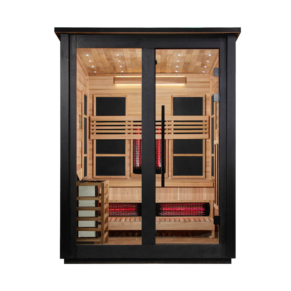 Golden Designs Loviisa 3 Person Hybrid (PureTech™ Full Spectrum IR or Traditional Stove) Outdoor Sauna - Canadian Red Cedar Interior, Black Finish