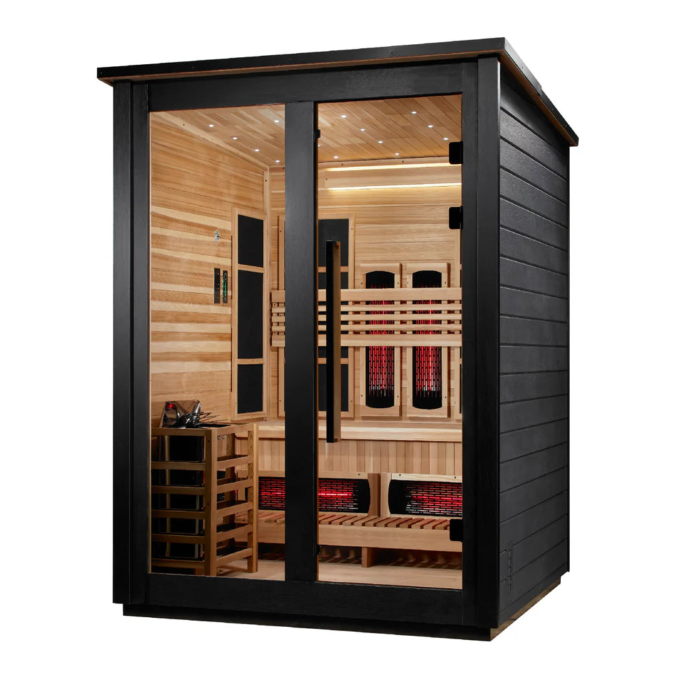Golden Designs Loviisa 3 Person Hybrid (PureTech™ Full Spectrum IR or Traditional Stove) Outdoor Sauna - Canadian Red Cedar Interior, Black Finish