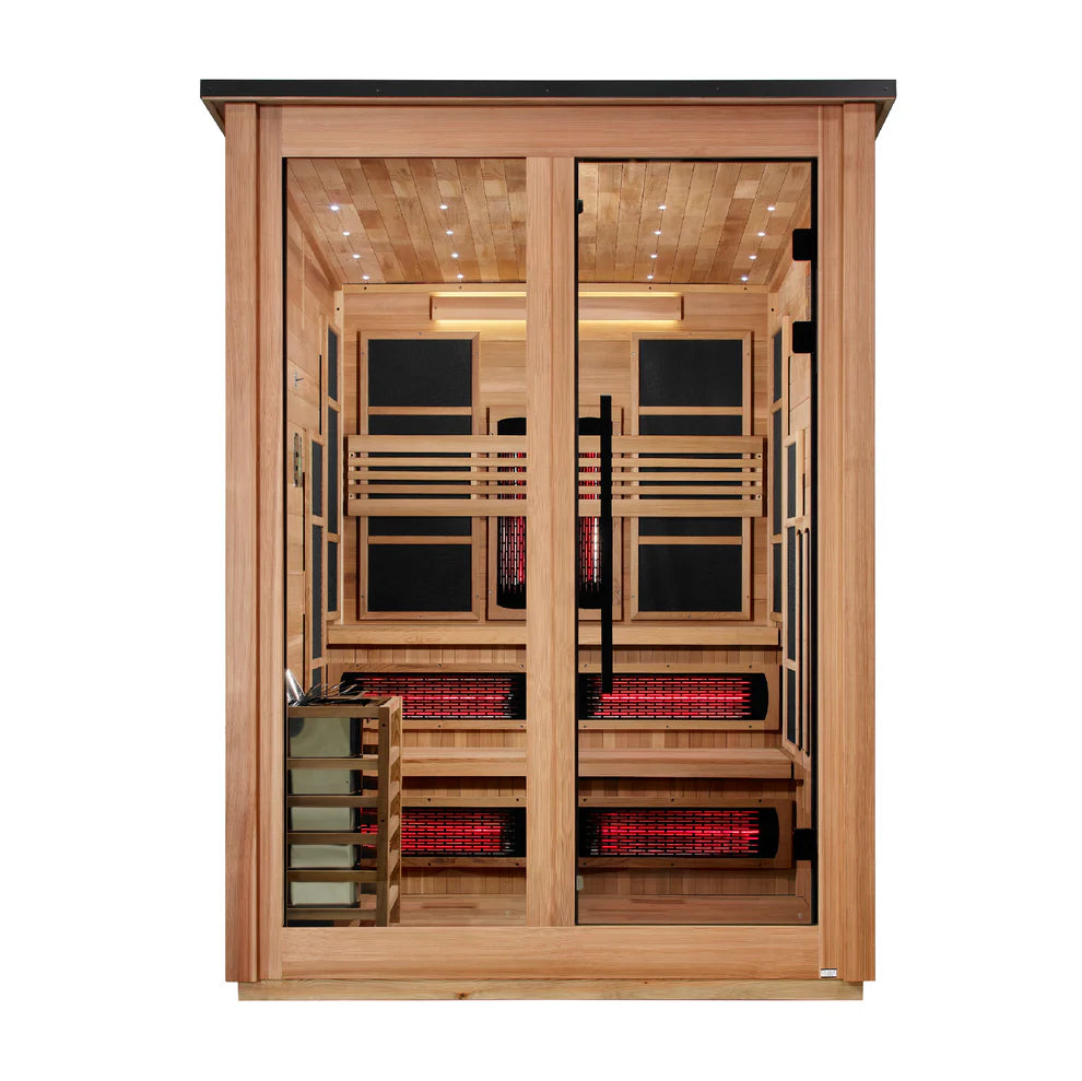 Golden Designs Kaskinen 6 Person Hybrid (PureTech™ Full Spectrum IR or Traditional Stove) Outdoor Sauna - Canadian Red Cedar Interior, Pacific Cedar Finish