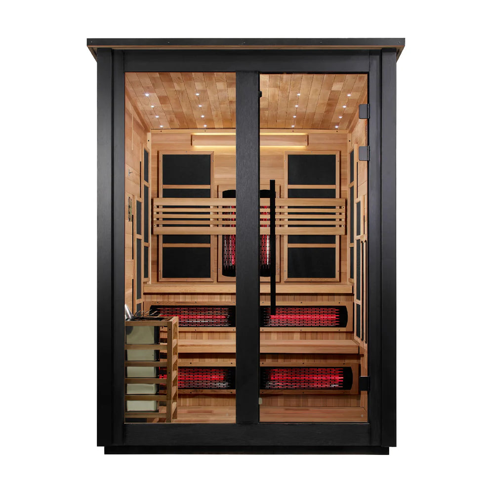 Golden Designs Kaskinen 6 Person Hybrid (PureTech™ Full Spectrum IR or Traditional Stove) Outdoor Sauna - Canadian Red Cedar Interior, 2 Tone Finish