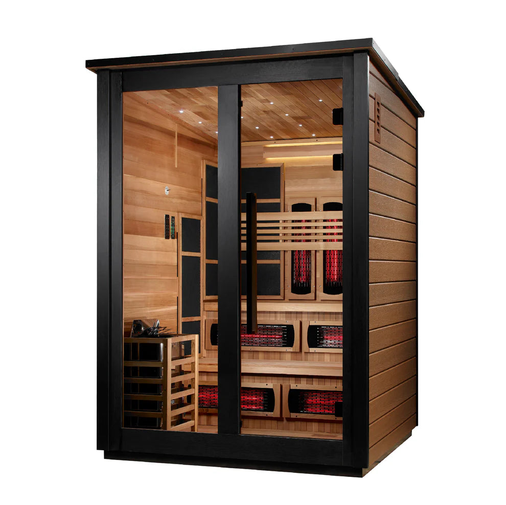 Golden Designs Kaskinen 6 Person Hybrid (PureTech™ Full Spectrum IR or Traditional Stove) Outdoor Sauna - Canadian Red Cedar Interior, 2 Tone Finish