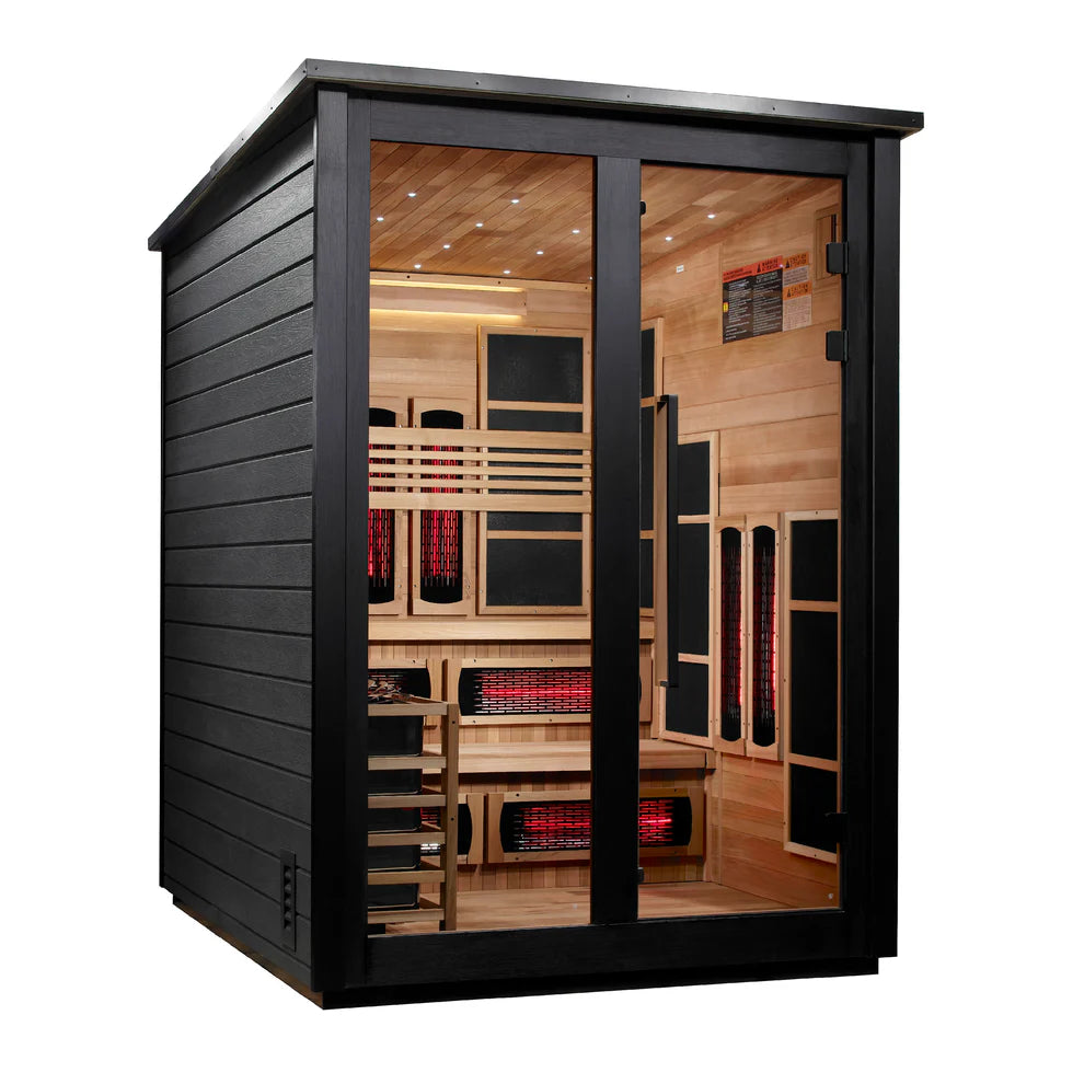Golden Designs Kaskinen 6 Person Hybrid (PureTech™ Full Spectrum IR or Traditional Stove) Outdoor Sauna - Canadian Red Cedar Interior, Black Finish