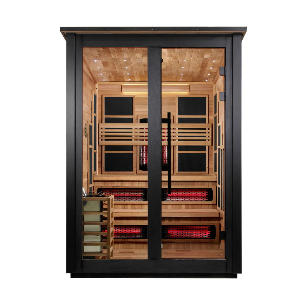 Golden Designs Kaskinen 6 Person Hybrid (PureTech™ Full Spectrum IR or Traditional Stove) Outdoor Sauna - Canadian Red Cedar Interior, Black Finish