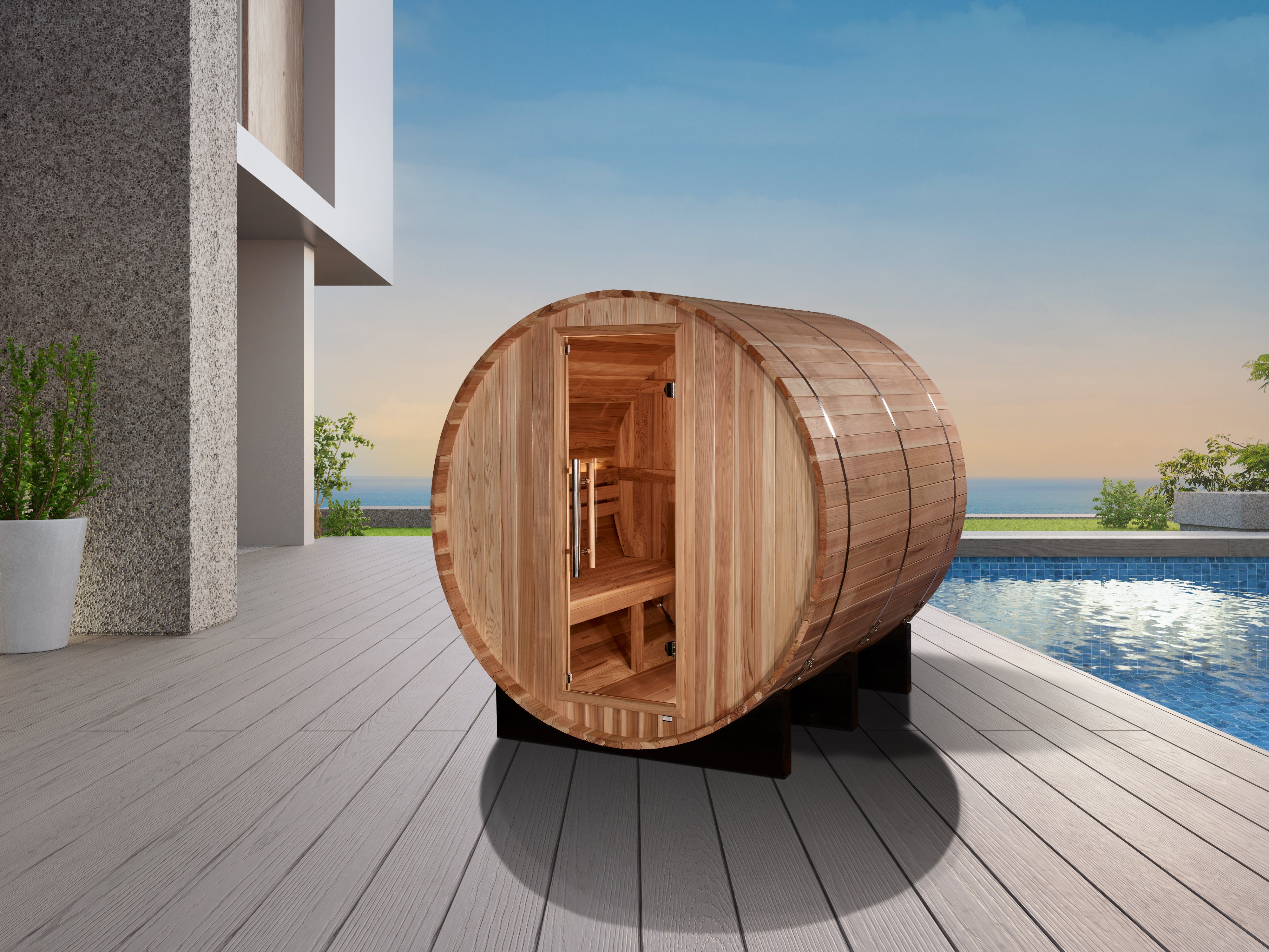 Golden Designs "Arosa" 4 Person Barrel Traditional Sauna -  Pacific Cedar