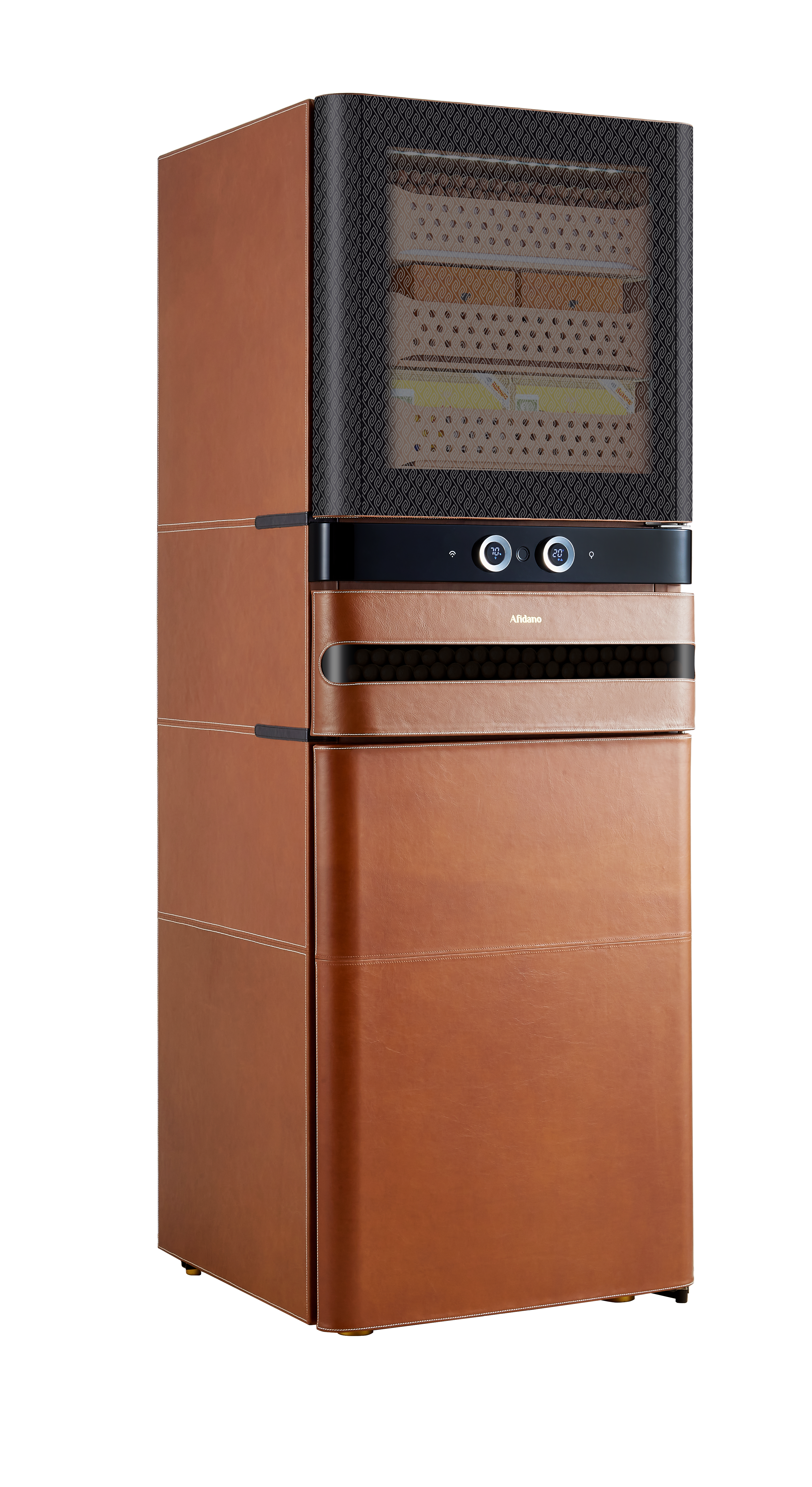 Afidano 1500 Ct Cigar Humidor, Temperature and Humidity Control with Classic Leather and Spanish Cedar Drawers