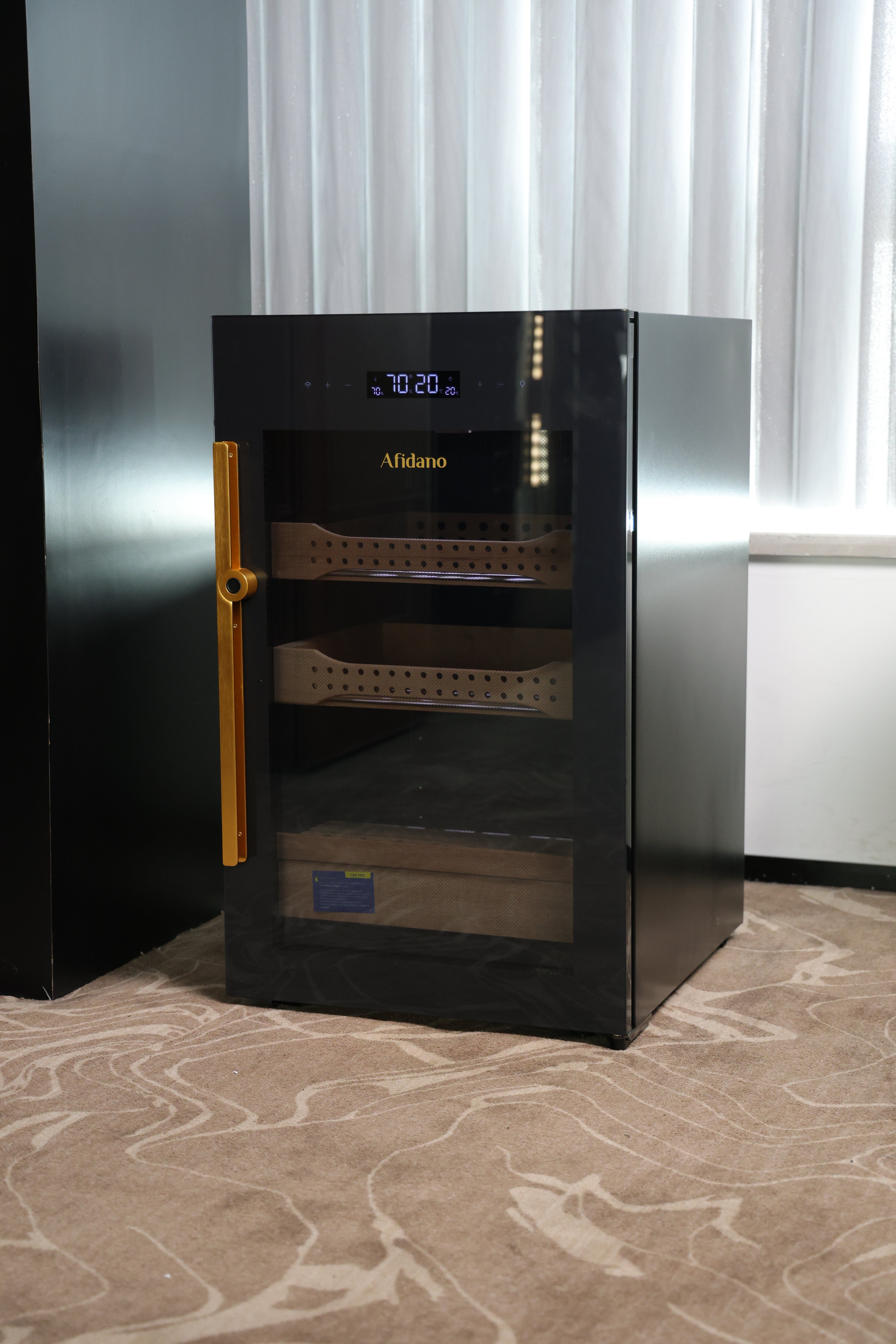 Afidano 850 Count Cigar Humidor Cabinet Exterior in Steel, Temperature and Humidity Control with Touch Panel