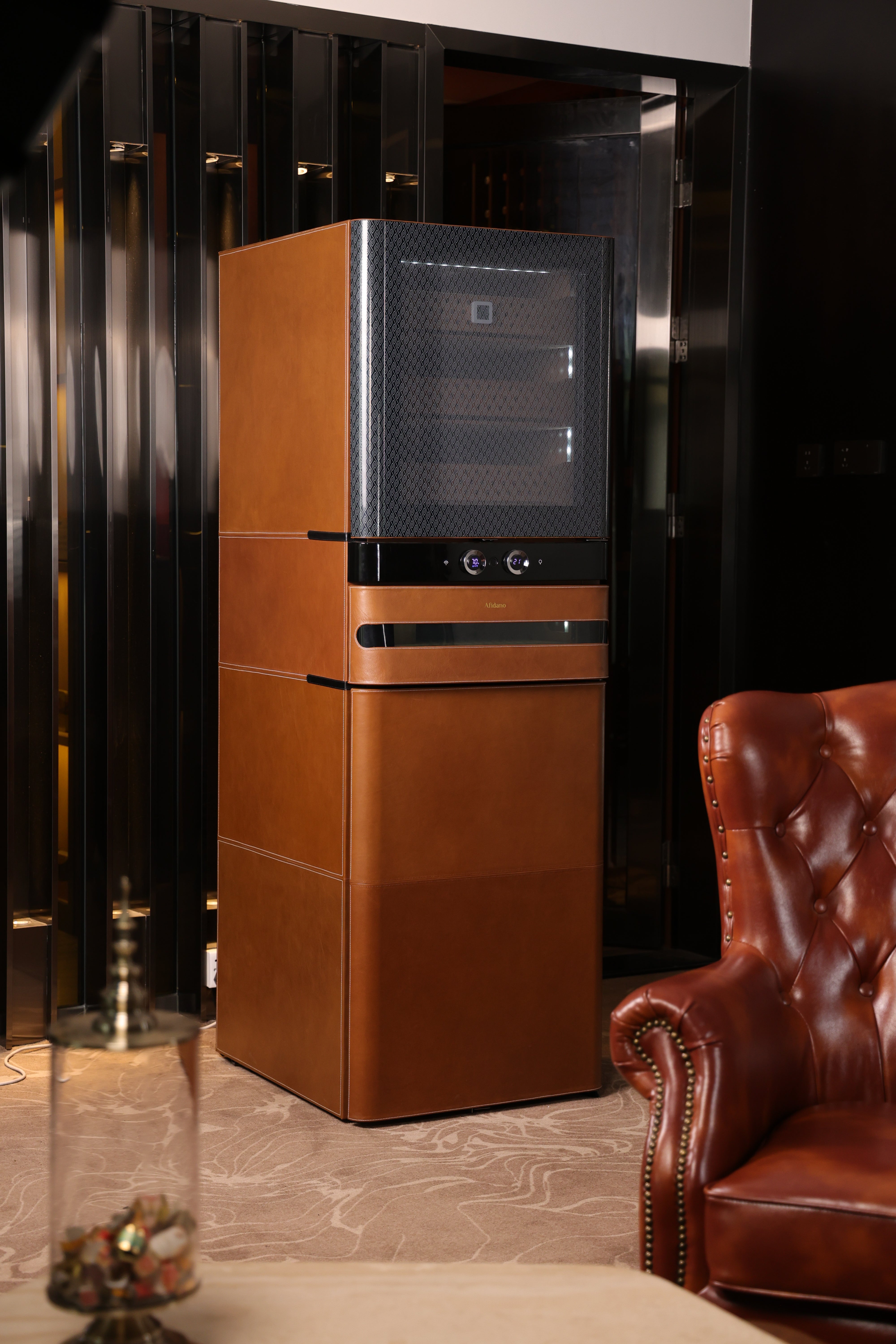 Afidano 2200 Ct Cigar Humidor, Temperature and Humidity Control with Classic Leather and Spanish Cedar Drawers