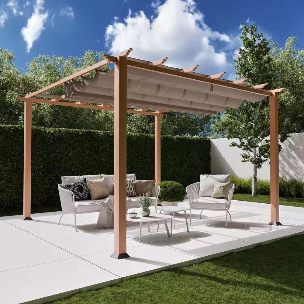 Florence 11 Ft. X 11 Ft. Wood Grain Aluminum Pergola in Canadian Cedar and Cocoa Convertible Canopy