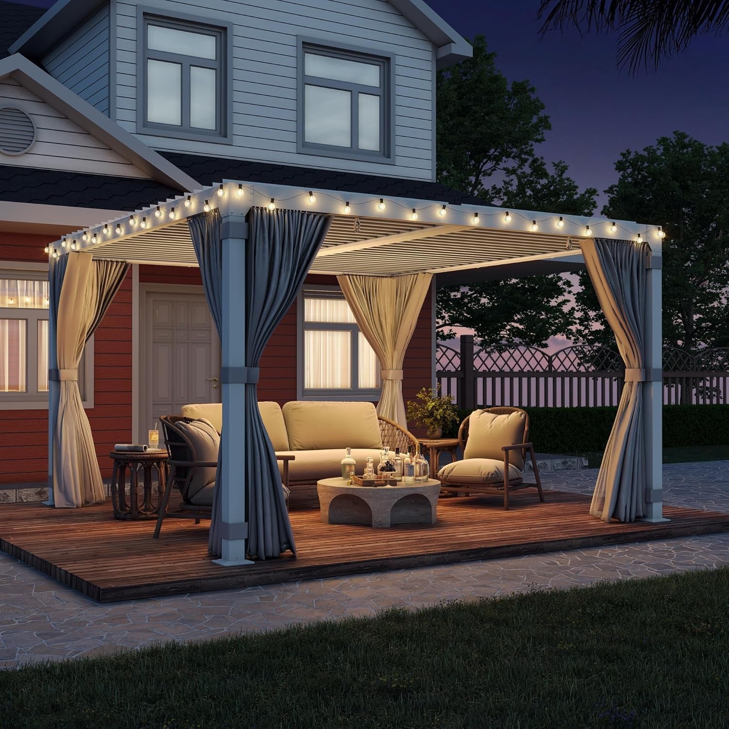 Louvered Pergola 10' X 10' Outdoor Hard Top Pergola with Aluminum Frame and Adjustable Metal Rainproof Roof for Garden & Patio, Curtains and Netting Included, White