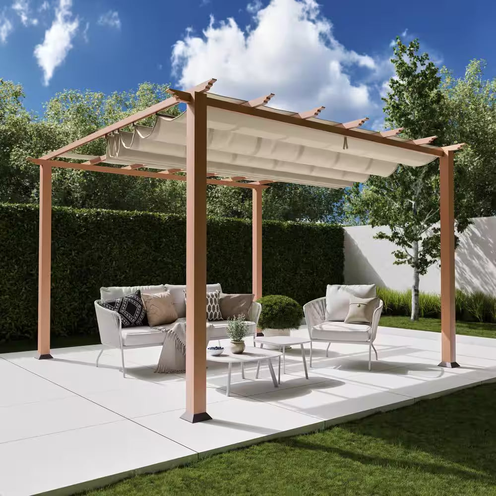 Florence 11 Ft. X 11 Ft. Aluminum Pergola in Canadian Cedar Finish and Sand Canopy